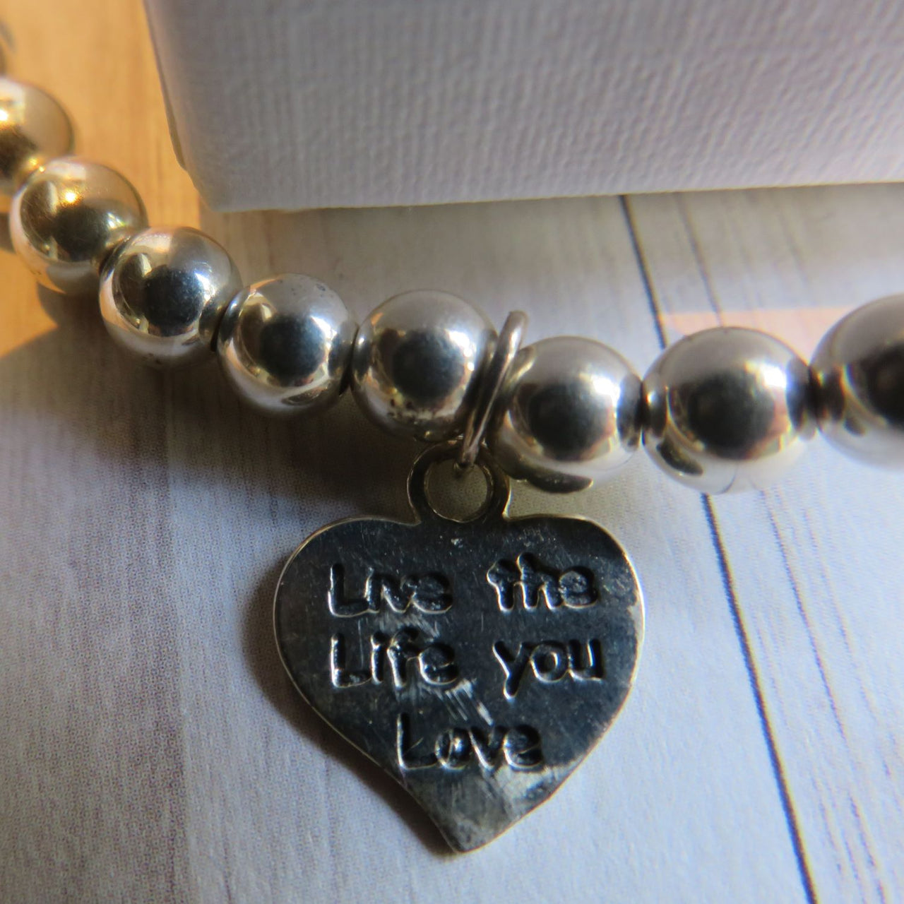 ‘Live the Life you Love’ engraved heart charm Stacking bracelet