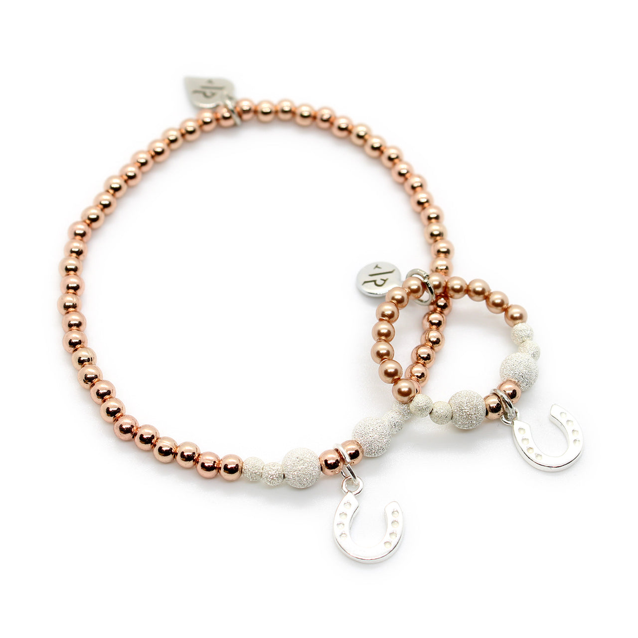 Lucky Horseshoe Charm Bracelet & Ring Set | Frosted Silver & Rose Gold Beads