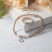Thumbnail for Lucky Horseshoe Charm Bracelet & Ring Set | Frosted Silver & Rose Gold Beads