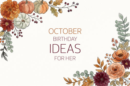 October birthday ideas for her, framed by pumpkins, autumn leaves, berries and roses