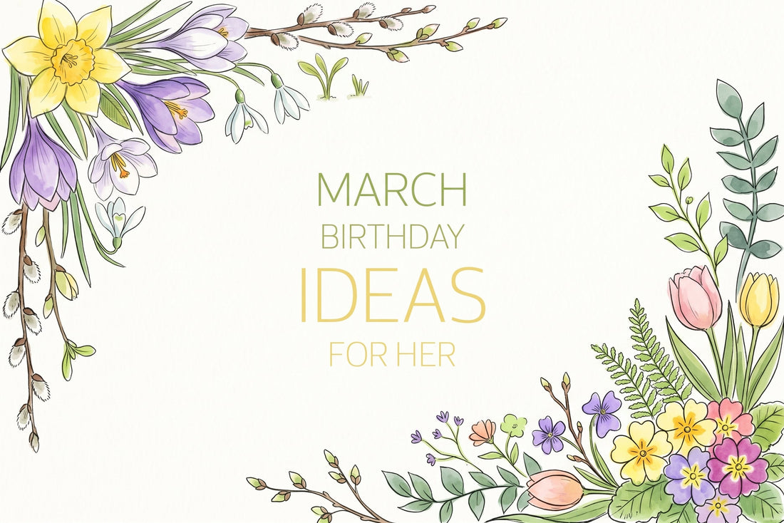 March birthday ideas for her, framed by daffodils, crocuses, tulips and spring blossom