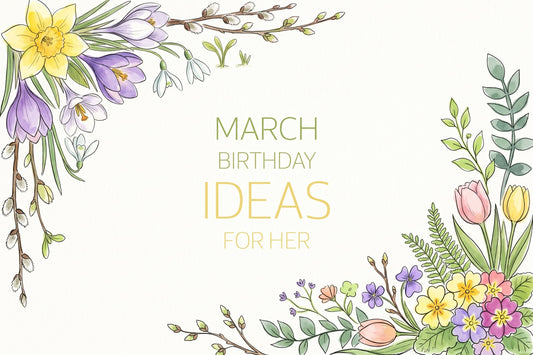 March birthday ideas for her, framed by daffodils, crocuses, tulips and spring blossom