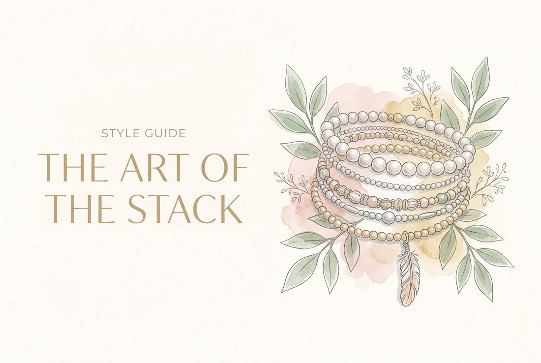 Illustration of a layered stack of silver, gold and pearl beaded bracelets with a feather charm, framed by leaves