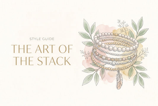 Illustration of a layered stack of silver, gold and pearl beaded bracelets with a feather charm, framed by leaves