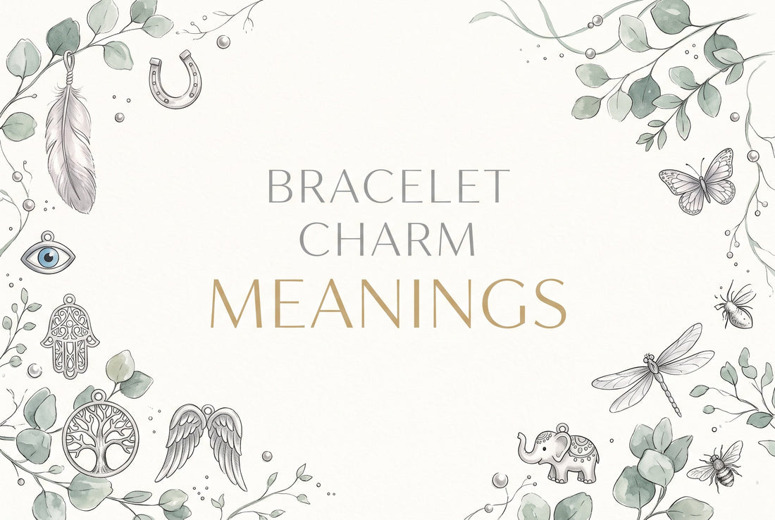 Bracelet charm meanings, with feather, horseshoe, evil eye, hamsa, tree of life, angel wings, elephant, butterfly and dragonfly charms