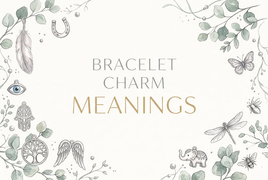 Bracelet charm meanings, with feather, horseshoe, evil eye, hamsa, tree of life, angel wings, elephant, butterfly and dragonfly charms