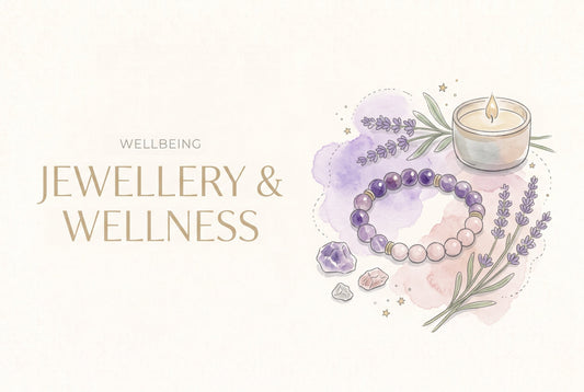 Illustration of an amethyst and rose quartz bead bracelet with loose crystals, lavender sprigs and a lit candle