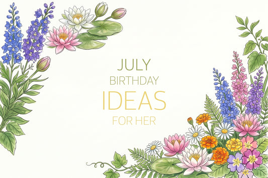 July birthday ideas for her, framed by larkspur, water lilies, marigolds and daisies