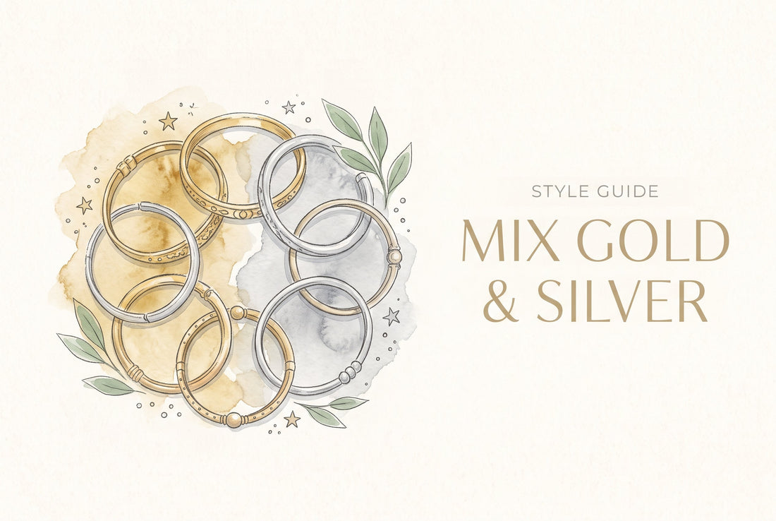Illustration of interlinked gold and silver bangles on a half gold, half silver watercolour background