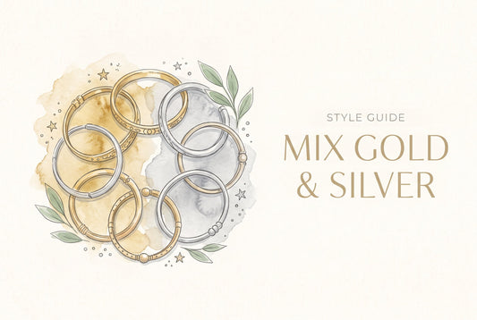 Illustration of interlinked gold and silver bangles on a half gold, half silver watercolour background