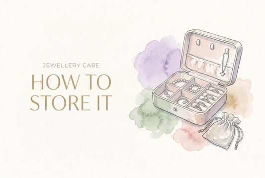 Illustration of an open jewellery box with compartments for bracelets, rings and a necklace, with a drawstring pouch