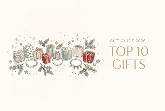 Illustration of a row of wrapped Christmas gifts and silver bracelets with holly, pine and gold stars