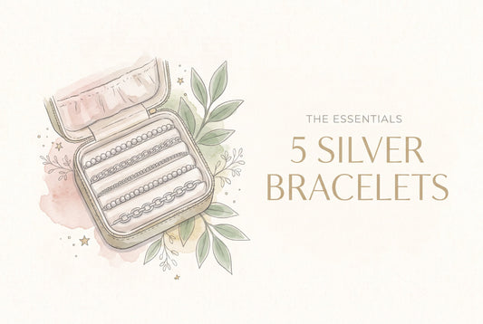 Illustration of five sterling silver bracelets laid in an open jewellery travel case