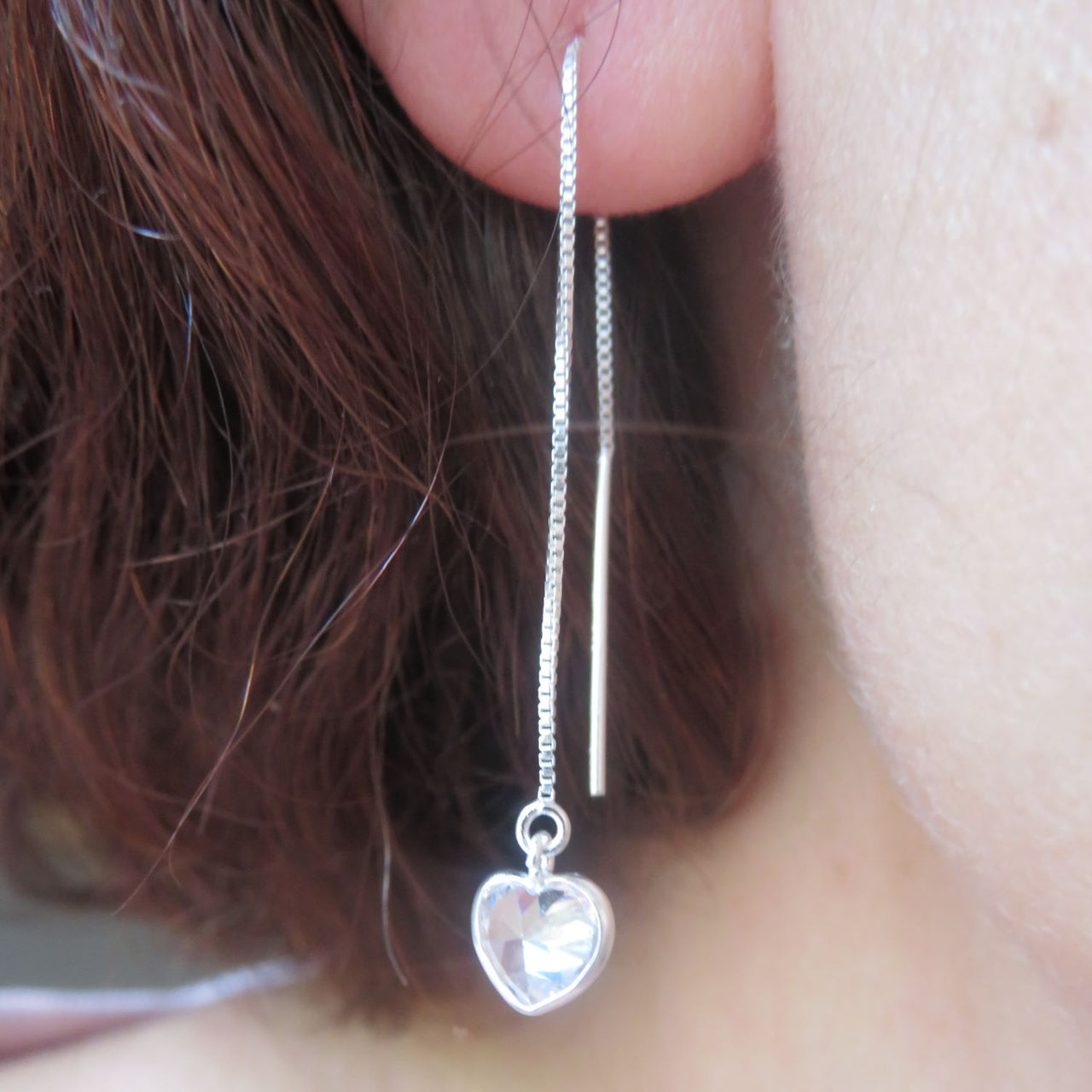 Long Chain Sterling Silver Crystal Heart Earrings