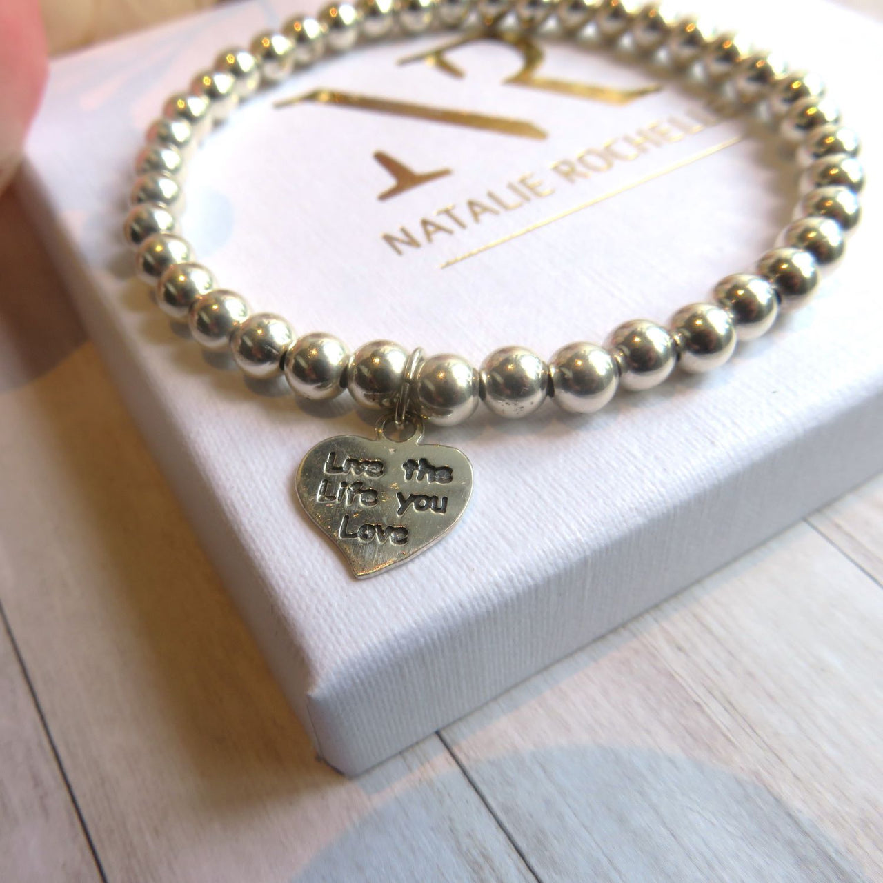 ‘Live the Life you Love’ engraved heart charm Stacking bracelet
