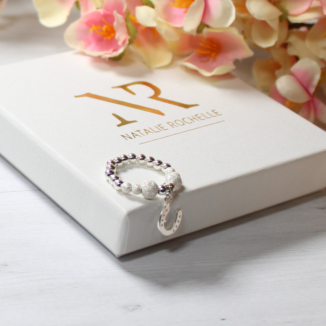 Sterling Silver Beaded Horseshoe Charm Ring