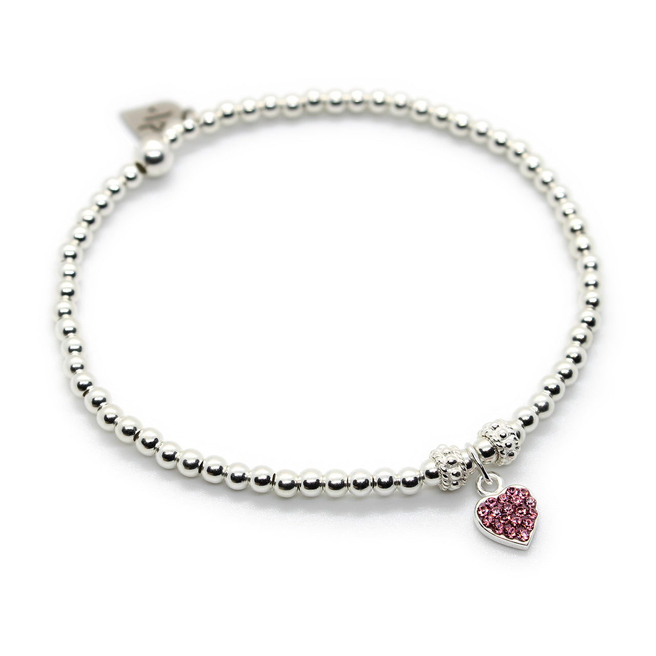 Sterling Silver Beaded Bracelet with Sparkly Pink Stone Heart