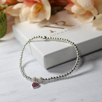 Thumbnail for Sterling Silver Beaded Bracelet with Sparkly Pink Stone Heart
