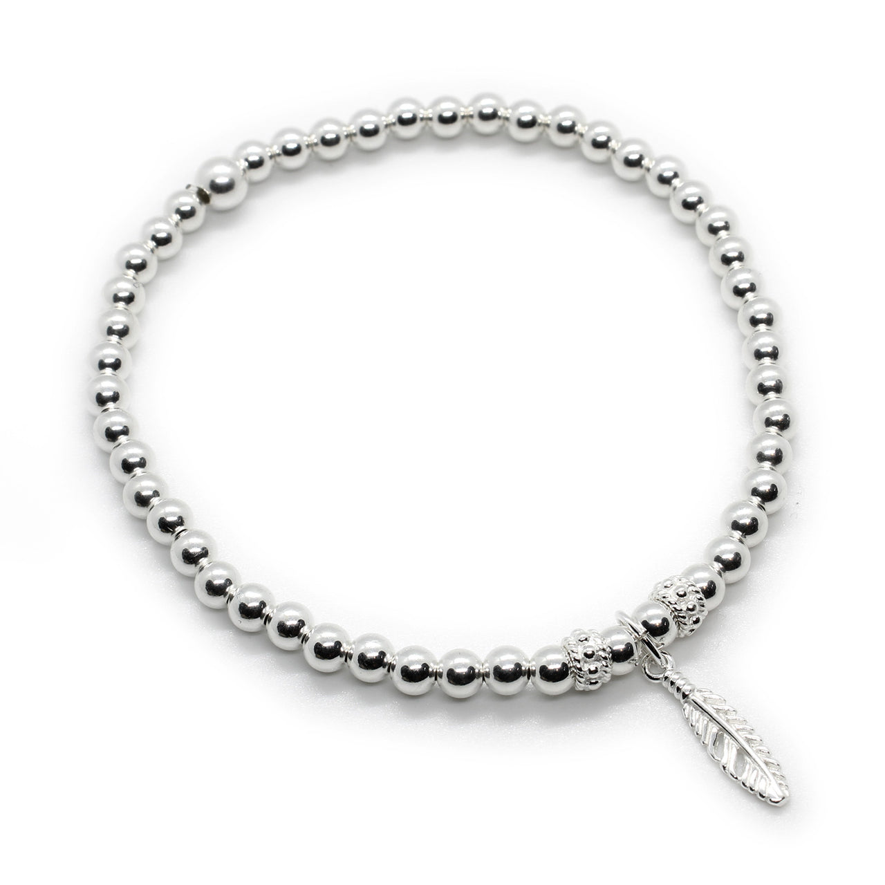 Feather Charm Sterling Silver beaded Stacking Bracelet