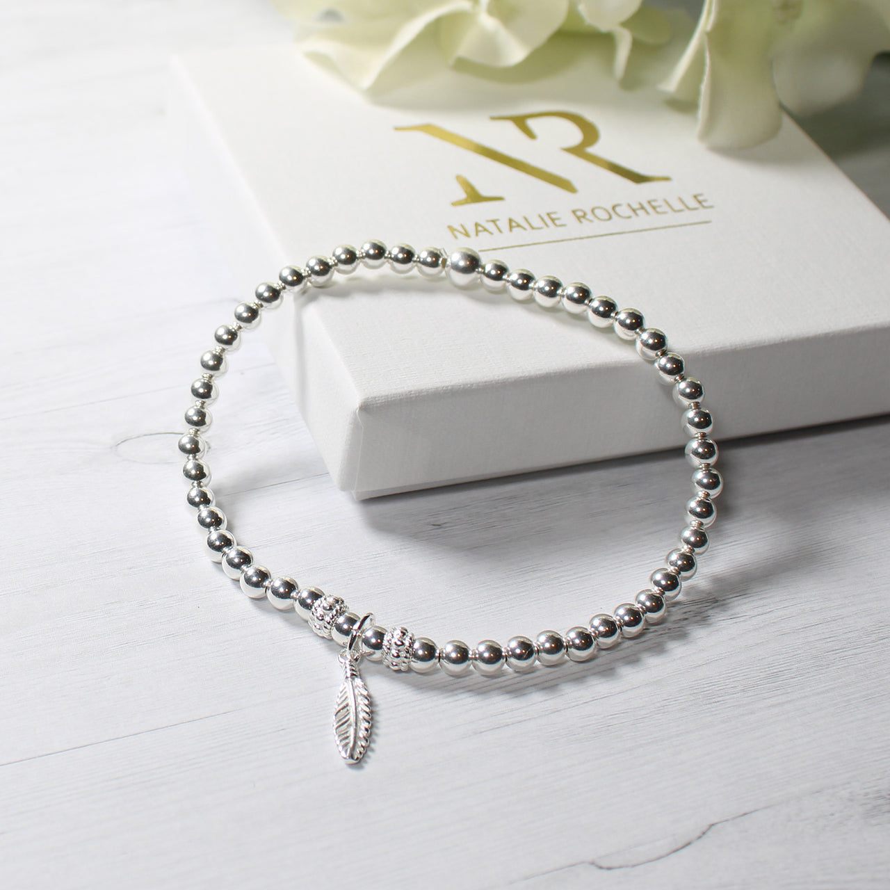 Feather Charm Sterling Silver beaded Stacking Bracelet