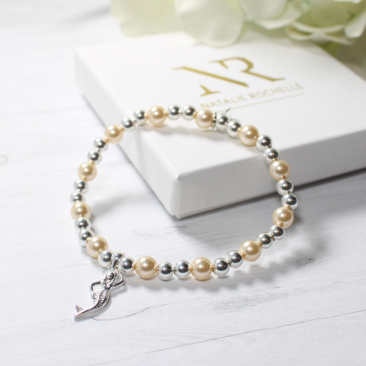 Sterling Silver and Ivory Pearl Mermaid Charm Bracelet