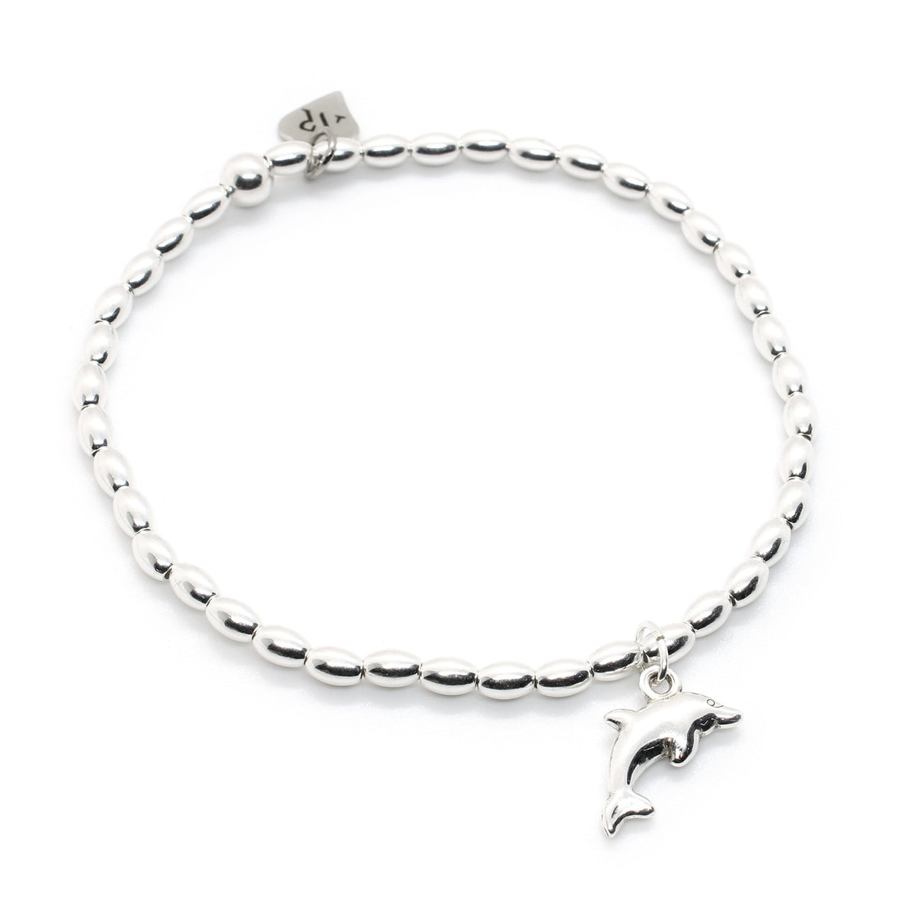 Sterling Silver Oval Bead Bracelet with Dolphin Charm
