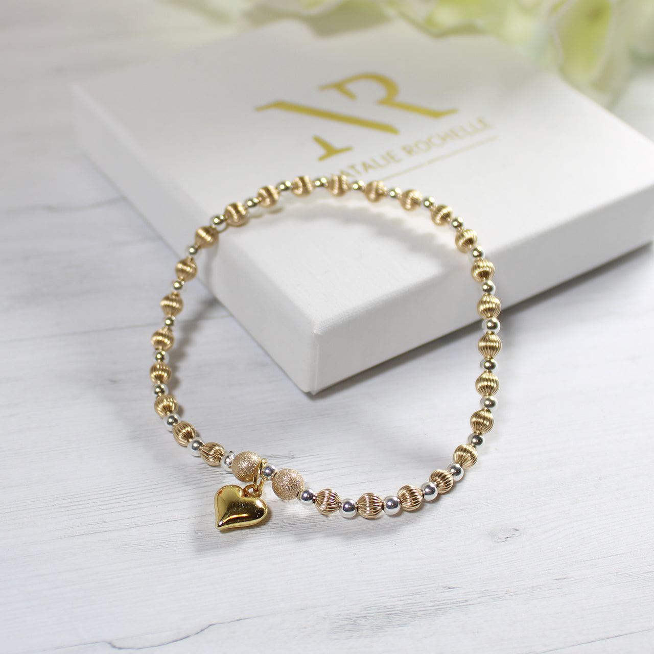 Sterling Silver and Gold Puff Heart Stacking Bracelet