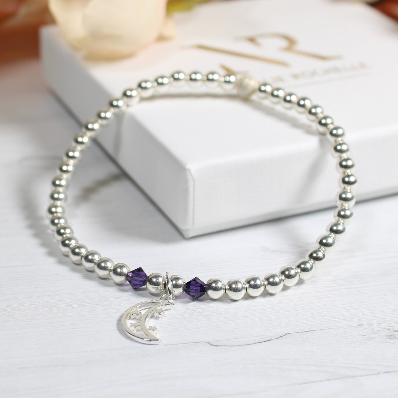 Moon and stars Charm Stacking Bracelet with purple crystals