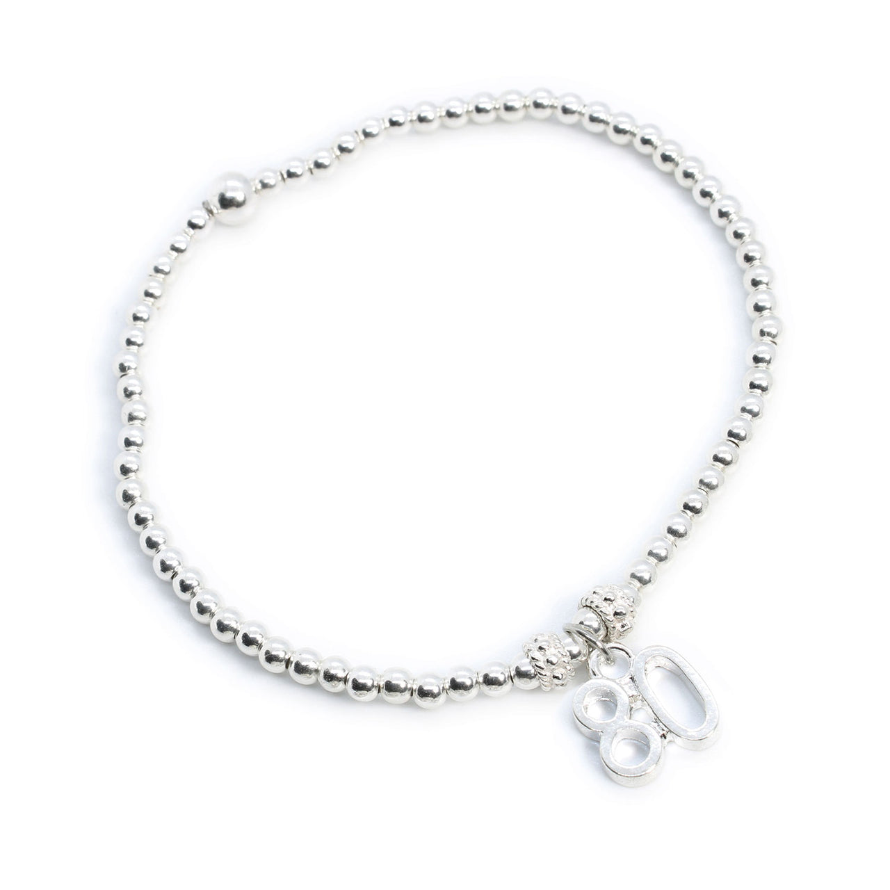 80th birthday charm beaded silver stacking bracelet